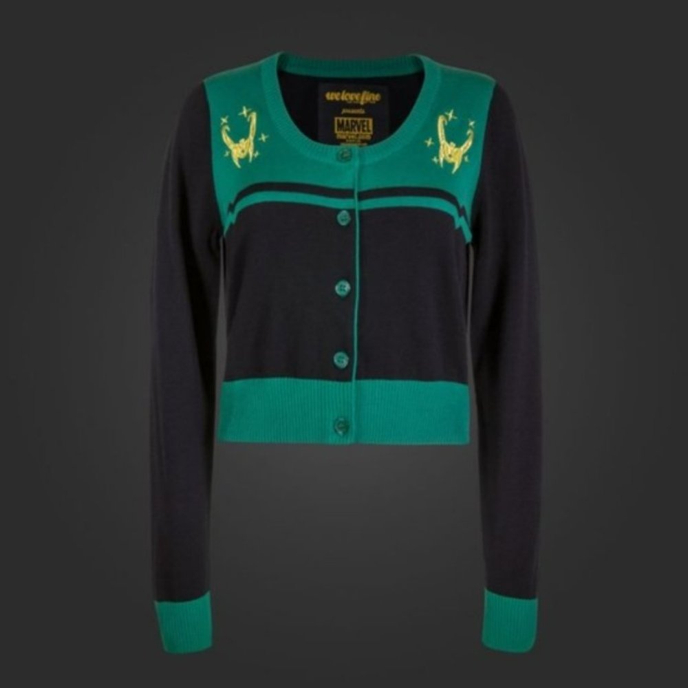 Marvel Thor Loki Helm Vintage Crop Cardigan Sweater - Picture 2 of 12